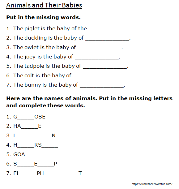 English - Class 1: Animals and Their Babies (Fill in the blanks